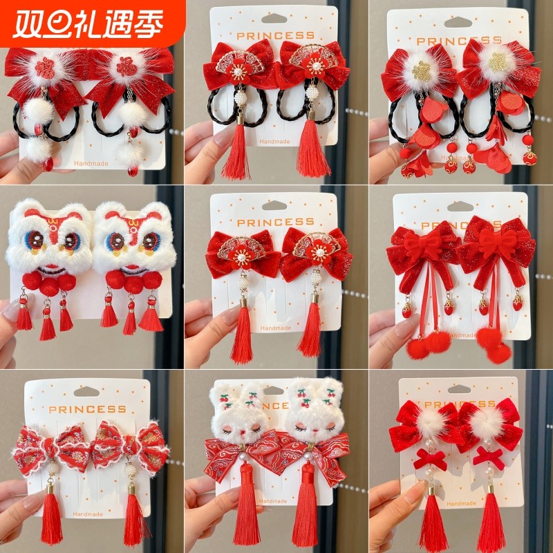 新年头饰儿童过年发夹女童古风红色发饰女孩假发流苏发卡宝宝夹子