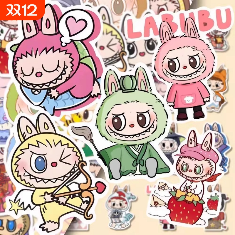 160张labubu二次元防水贴纸创意可爱拉布布周边diy手账本贴画卡通装饰小图案diy手机壳换装表情