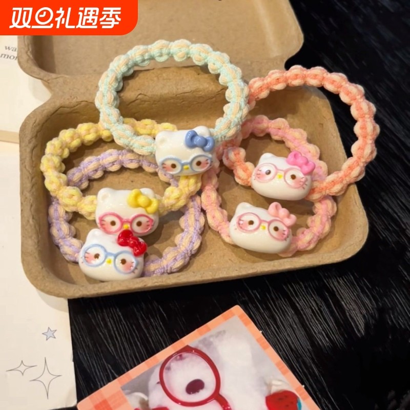 可爱眼镜猫咪彩发圈多巴胺少女心彩编织发绳情侣闺蜜皮筋学生发饰