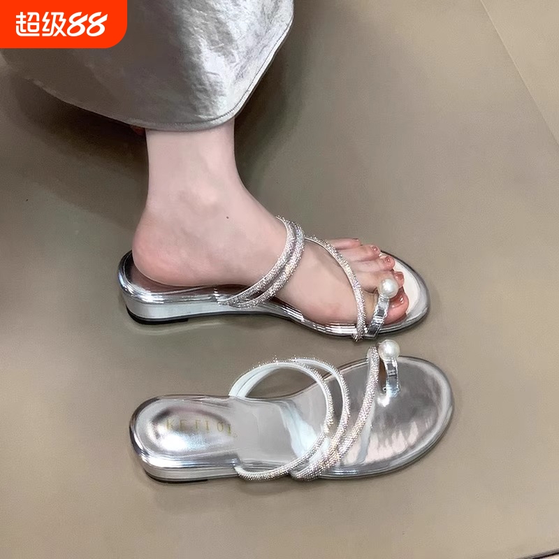 巨好看坡跟厚底银色水钻凉拖鞋女夏外穿2025新款配裙子凉鞋子防滑