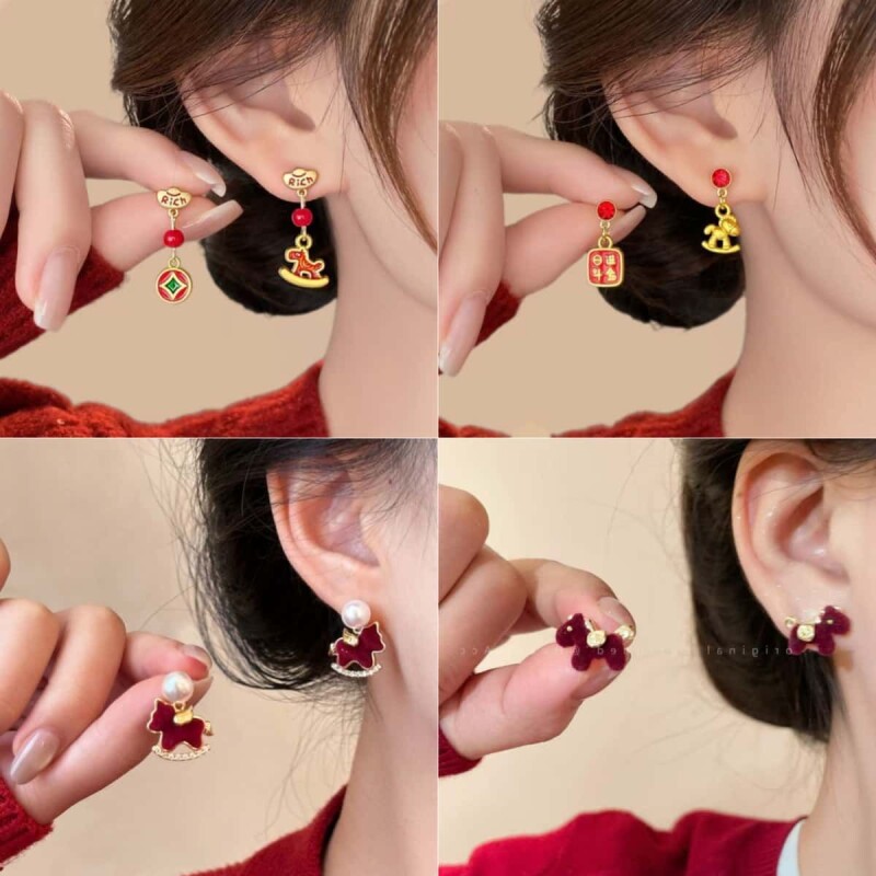 马到功成红色新年生肖耳夹独特耳环2025新款爆款高级感耳钉耳饰女