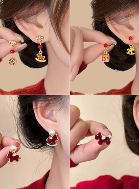 马到功成红色新年生肖耳夹独特耳环2025新款爆款高级感耳钉耳饰女