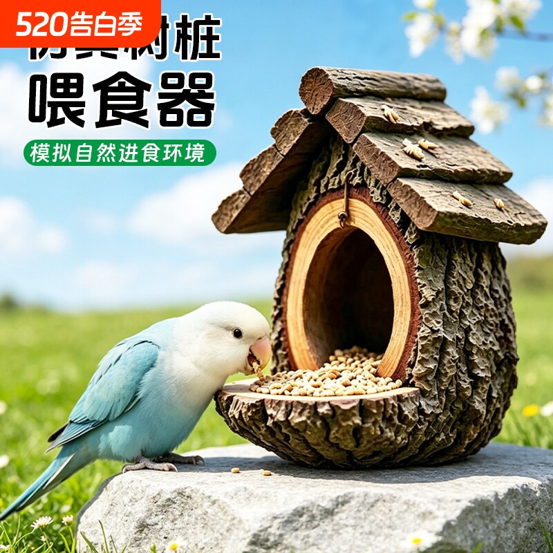鹦鹉喂食器仿真树桩鸟食器牡丹鹦鹉天然底座鸟笼用品悬挂饮水挂式