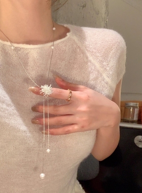 韩系银色烟花珍珠流苏项链女轻奢高级感长款颈链可抽拉毛衣链配饰