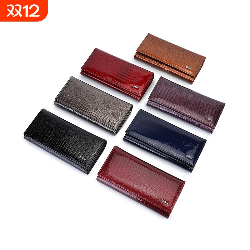 女士真皮按扣钱包漆皮鳄鱼纹按扣时尚设计多卡位大容量零钱包