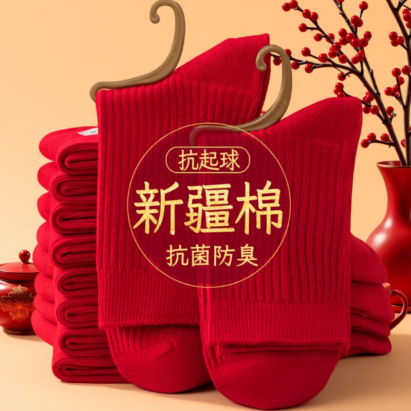 新疆棉红袜子男女款本命年全棉秋冬中筒袜结婚情侣抗菌防臭情侣袜