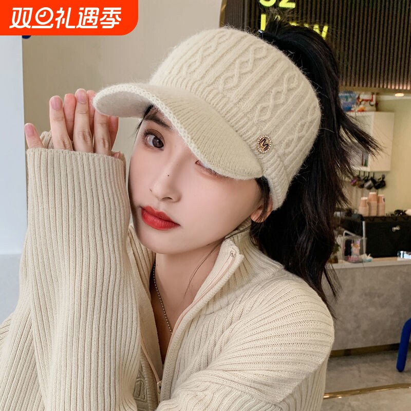 帽子女秋冬韩版潮网红兔毛绒保暖帽空顶鸭舌帽百搭洋气针织棒球帽