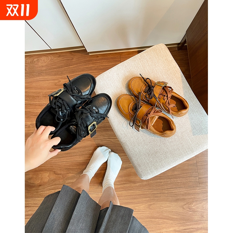 真皮女鞋~皮带扣双鞋带美式复古德训鞋平底时尚休闲鞋2025新款秋