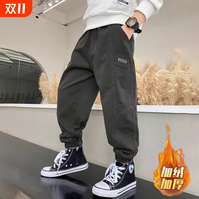 童裤男童工装裤秋冬加绒新款现货童装中大童休闲束脚裤帅气潮黑色