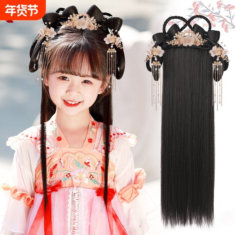 儿童汉服假发包古风新年头饰女古装发箍一体式拜年服造型盘发发髻