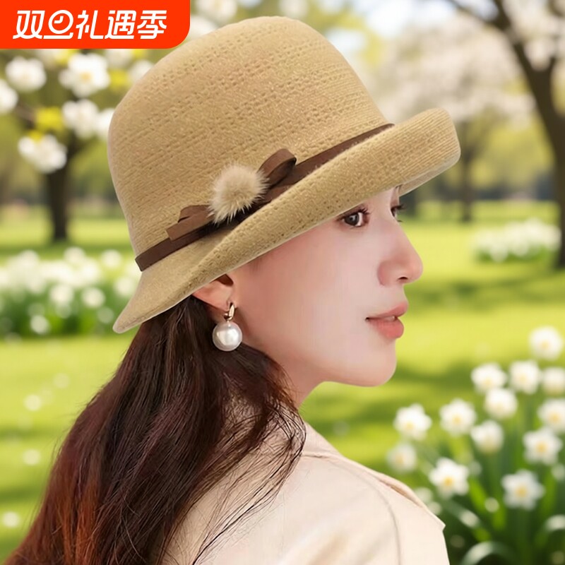赫本风帽子女士渔夫帽子女洋气卷边礼帽秋冬保暖英伦盆帽红色黑色