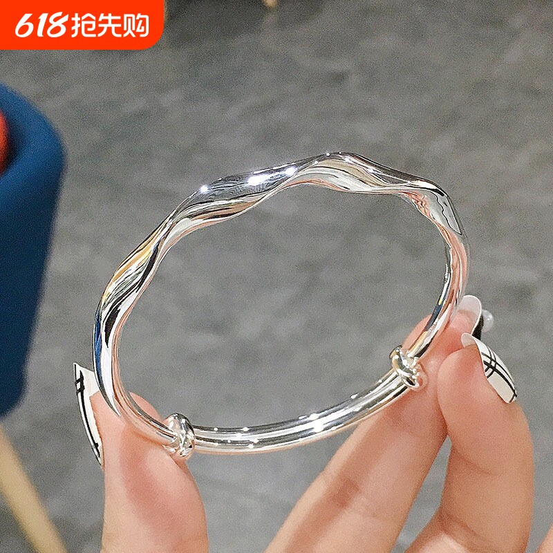 新中式平安福牌银色手镯女光面镯子年轻款送女友情人节礼物