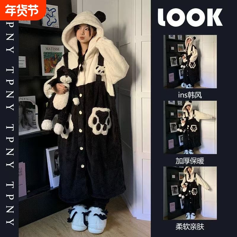 缇可爱熊猫珊瑚绒睡衣女冬款新款加绒加厚毛绒睡袍家居服套装黑色