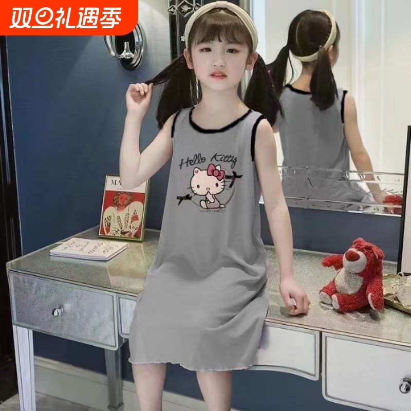 新款冰丝莫代尔女童夏季背心裙公主睡衣裙母女亲子家居服库洛米