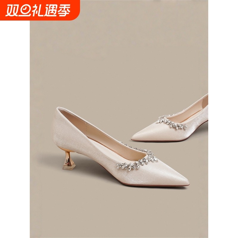 主纱婚鞋女禾秀婚纱两穿新娘鞋法式绸缎水钻气质高跟鞋日常水晶鞋