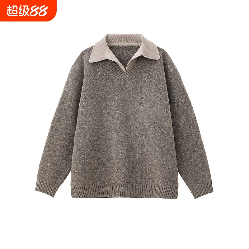 美式复古假两件v领毛衣男款冬季翻领老钱风针织衫情侣慵懒风外套