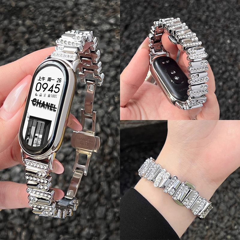 适用小米手环10表带创意新款不规则镶钻金属千金感小米手环9表带智能小米手环8NFC时尚腕带女生小香风