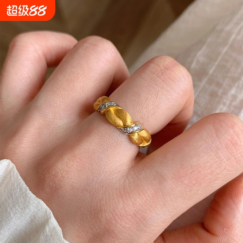 中古老钱风金色拉丝双层小麻花戒指女vintage点钻公主丝绸食指戒