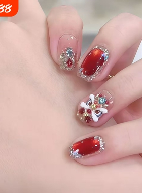 国风正红穿戴甲银钻美甲贴片中长款杏仁红色法式椭圆扁平带钻中款