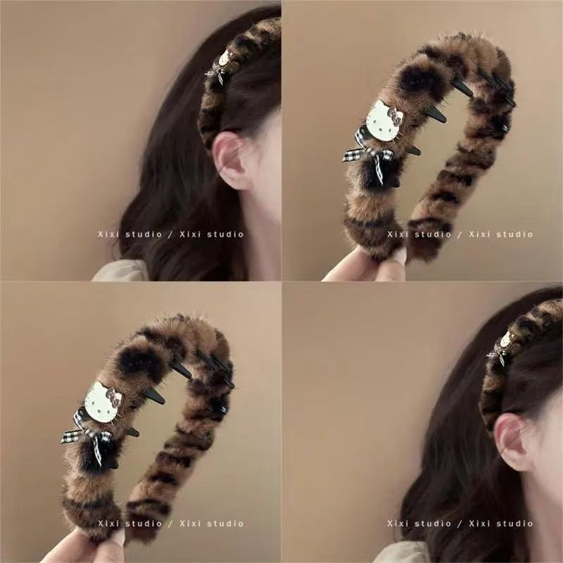 时尚毛绒豹纹初秋甜酷辣妹KT猫咪发箍箍高颅顶带齿发卡蓬松神器饰