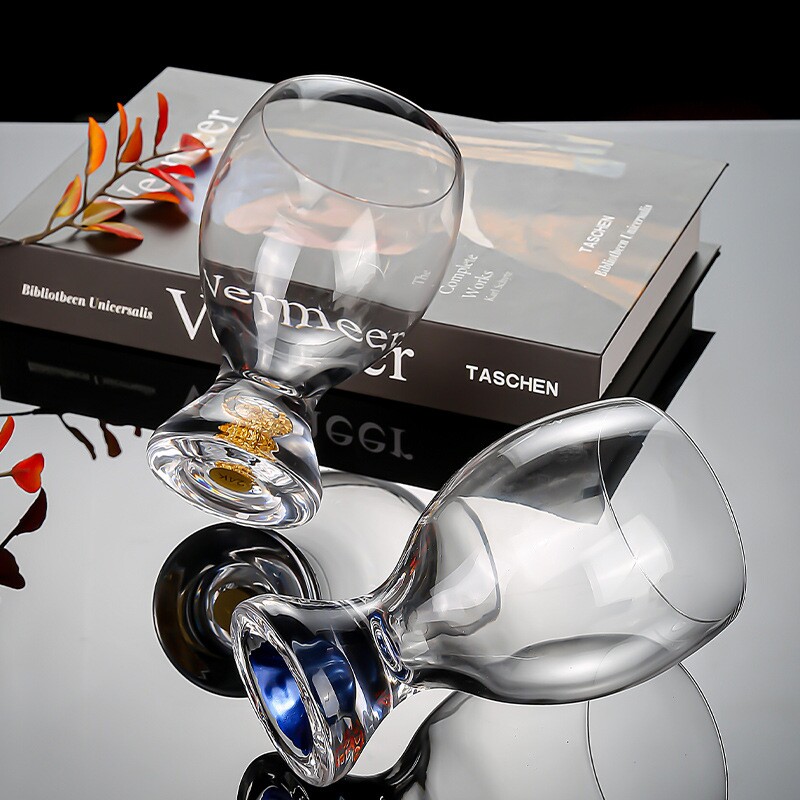 网红大肚啤酒杯家用商务KTV创意金箔酒杯新款扎啤杯旋转水晶杯架