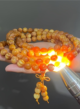 长白山沉香松明子手链 108颗透光琥珀木佛珠 玉化沉香手串