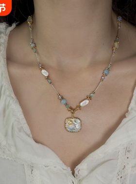 《虹彩糖豆》法式复古重工油画项链不规则珍珠吊坠颈链小众锁骨链