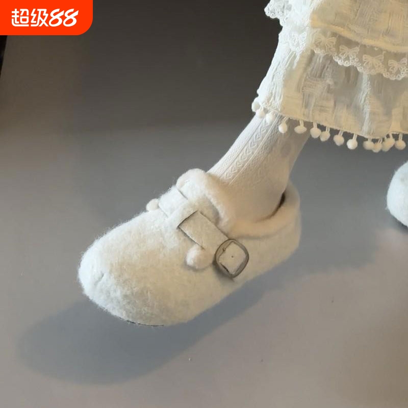 白色日系jk百搭配裙子加绒勃肯鞋女2025冬季新款大头平底毛毛拖鞋