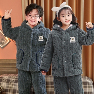 冬季新款睡衣男孩三层夹棉加厚保暖珊瑚绒居家服女童法兰绒棉袄绒