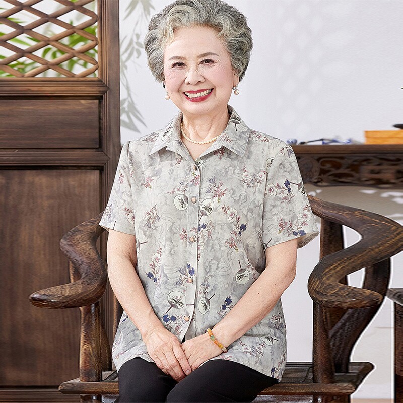 奶奶夏季宽松短袖衬衫中老年上衣图片