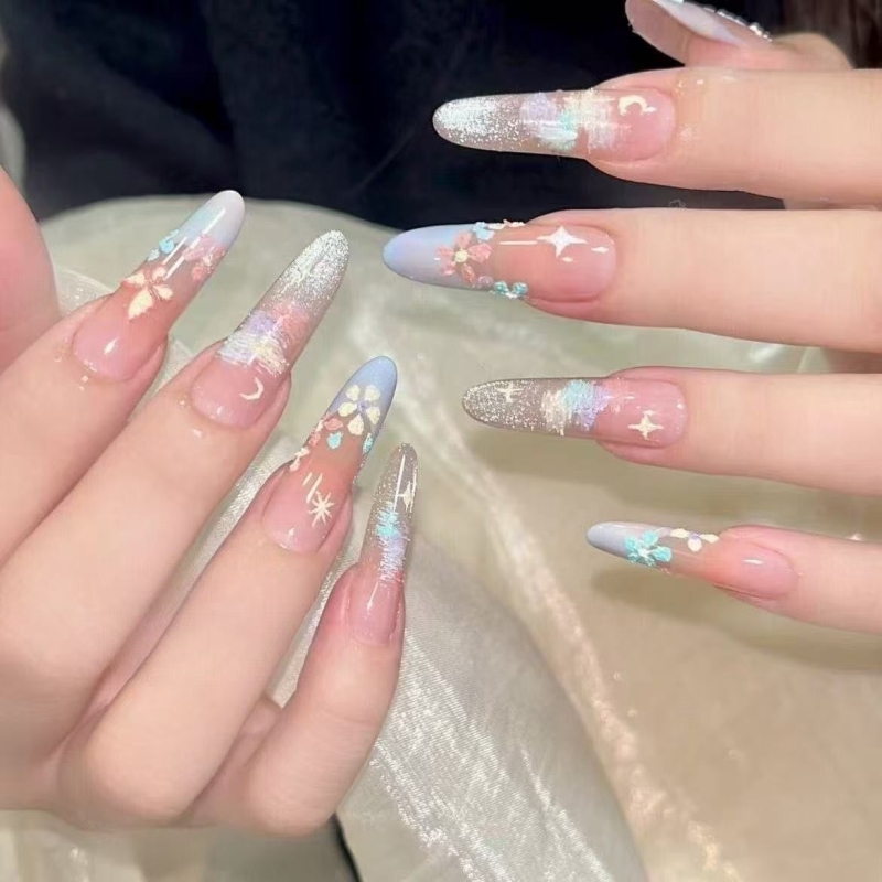 2025新款油画猫眼手工穿戴甲莫奈花园纯欲显白中长款美甲贴片蝴蝶