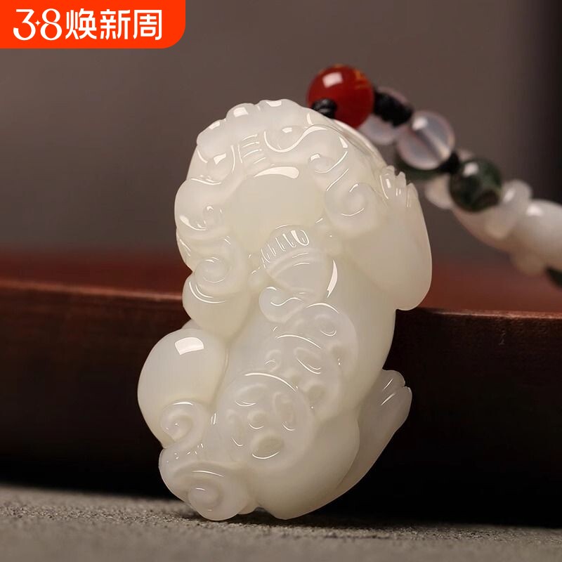 正品新疆白玉貔貅吊坠男女士方解石玉坠招财转运项链情挂件玉佩礼