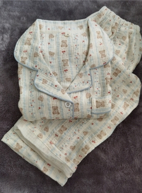 红豆纯棉双层纱布睡衣家居服长袖长裤治愈系小熊蓝色清新女生春夏