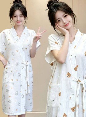 女士夏季无袖浴裙成人纯棉纱布