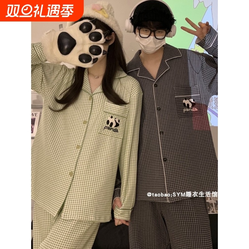 红豆日系格子情侣睡衣女春秋款纯棉长袖秋冬季薄款男士卡通熊猫家