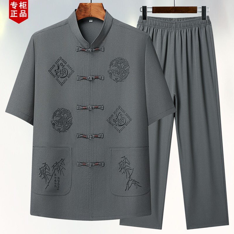 夏季唐装男士短袖套装中老年人套装爸爸薄款冰丝中国风老人衣服