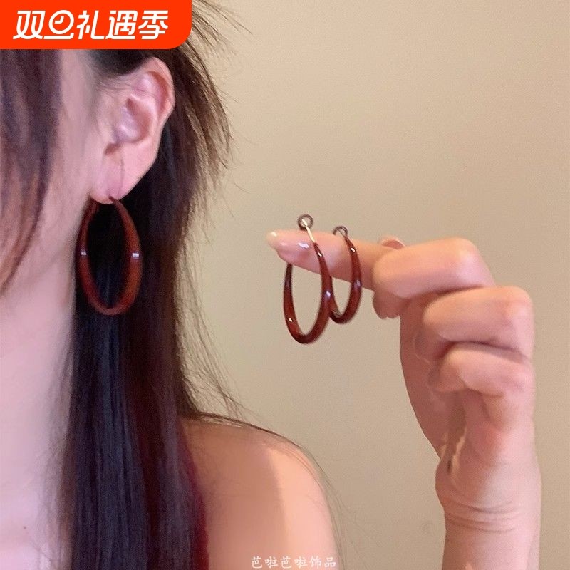 复古港风安可拉红耳圈秋冬素圈耳环女高级感耳钉女气质耳扣耳饰