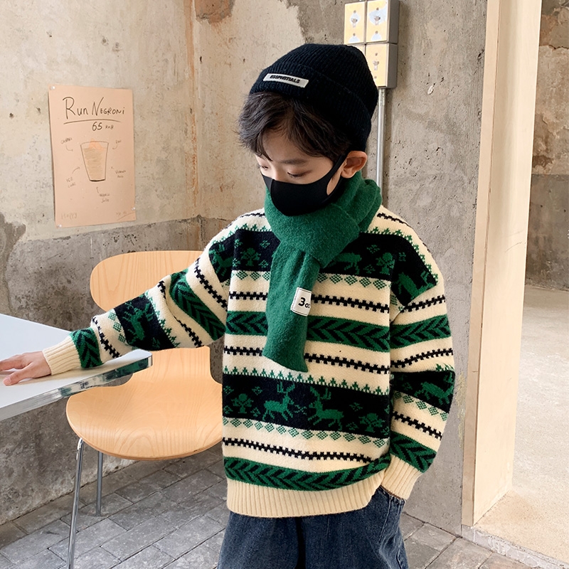 男童条纹毛衣针织衫2025秋冬新款中大童帅气休闲加厚线衣上衣绿色