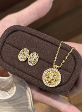 925Vintage中古碎冰冰莺尾花耳钉项链围镶罗盘精工国风复古纯银