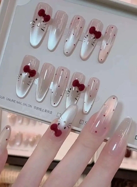中长款美甲穿戴甲酒红蝴蝶结猫眼2025新款新娘可拆卸手工指甲贴片