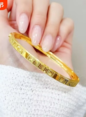 镀真金强保色古法沙金鱼鳞贵妃卡扣手镯精致高级百搭气质轻奢手镯