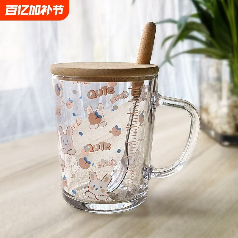 ins玻璃杯杯子卡通吸管杯勺刻度牛奶杯早餐杯情侣用微波炉便携