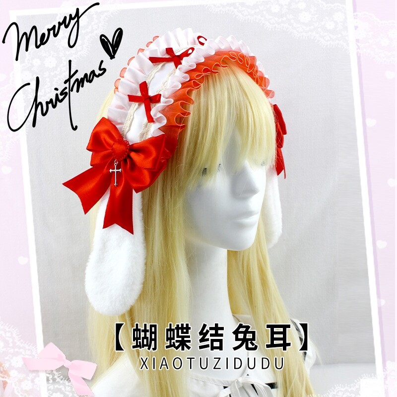 可爱毛绒蕾丝缎带lolita发带漫展cosplay蝴蝶结仿真兔耳