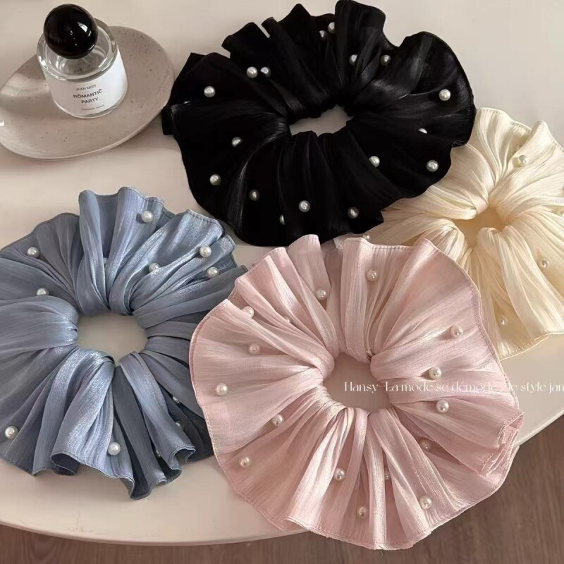 超仙网红款珍珠网纱大肠发圈褶皱纹理马尾头花发绳高级感头绳头饰