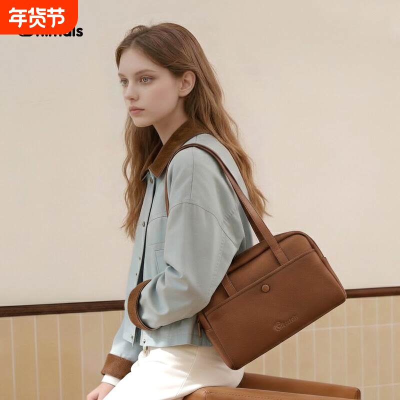 ONIMALS波士顿保龄球包女新款大号通勤单肩包复古腋下手提包N