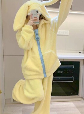 韩版黄色大兔耳朵连帽睡衣套装