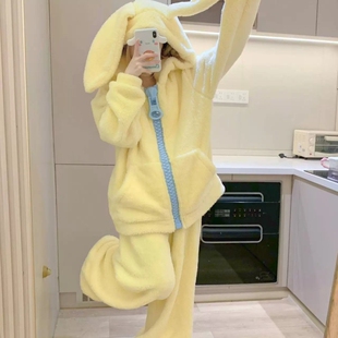 韩版多巴胺黄色兔耳朵连帽加厚睡衣女秋冬季慵懒风休闲长裤两件套