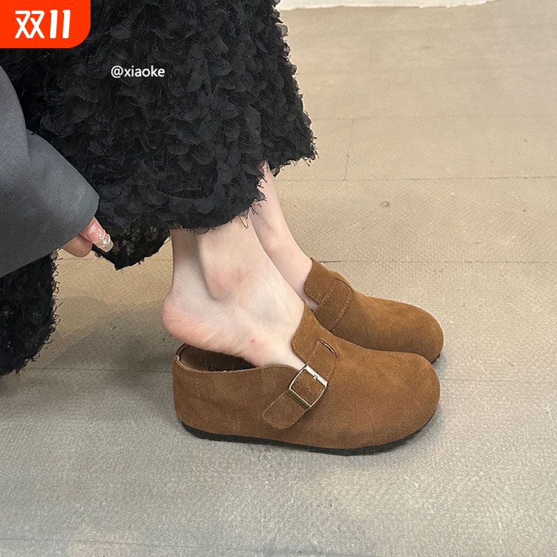 7CM内增高厚底鞋勃肯鞋女秋季外穿复古丑萌真皮一脚蹬包头半拖鞋