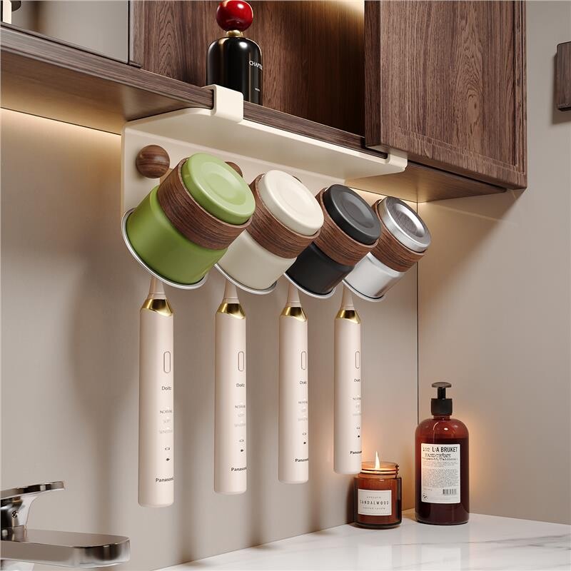 牙刷置物架倒挂免打孔中古风卫生间洗漱台镜柜下漱口杯收纳架牙膏