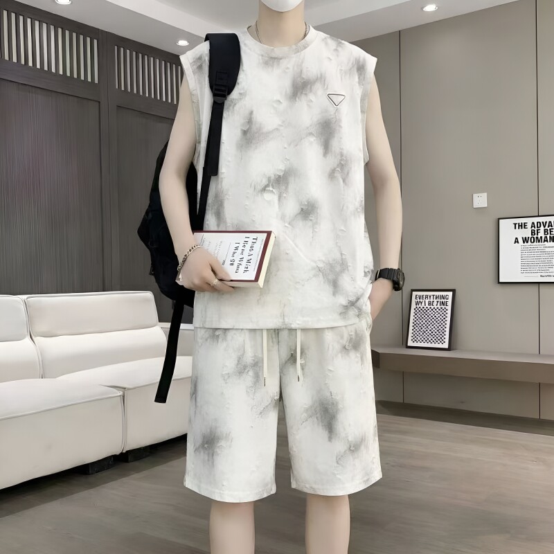 夏季圆领破洞扎染无袖背心套装男青少年中学生薄款休闲运动两件套
